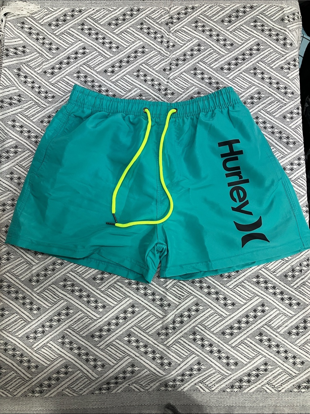 Hurley Teal Athletic Shorts with Neon Yellow Drawstring